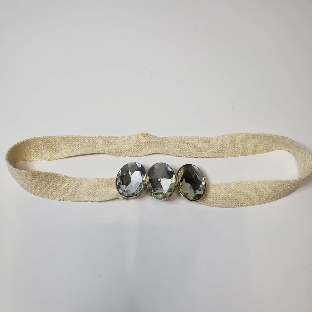 Vintage St. John Knits Cream Elastic Stretch Cinch Belt Jeweled Crystal Oval